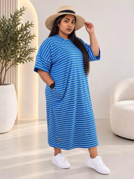 Striped Tee Dress in Blue Stripe, modest clothing by RCL by Rieffs, Cape Town