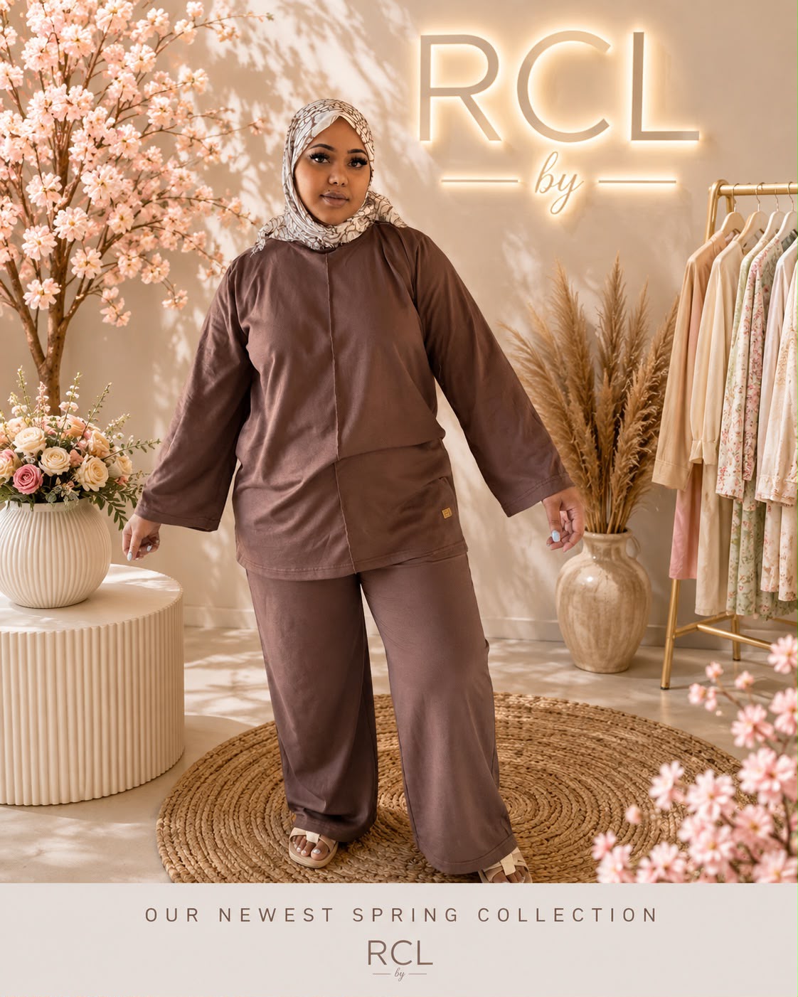 Model in the mocha Tunic and Pants Set from the RCL spring collection, under the RCL neon sign